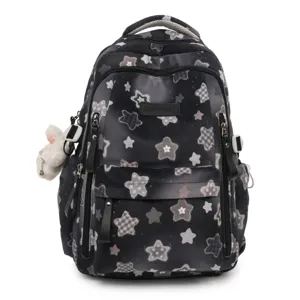 Black star print backpack school bag casual daypack for students lightweight travel bookbag