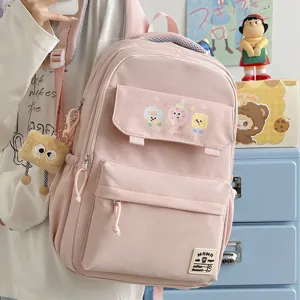 Cute pink canvas backpack for school girls, large capacity casual daypack with cute cookie prints.