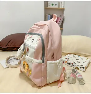 Japanese style pink white canvas backpack with clear pain pocket cute student schoolbag.