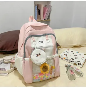 Cute pink white pain backpack transparent front pocket kawaii school bag for girls travel