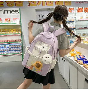 Japanese style ita backpack student school bag with transparent window and sunflower charm.