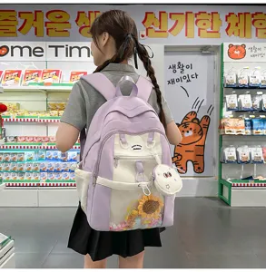 Japanese style cute transparent pocket backpack for women, purple canvas school bag with charms.