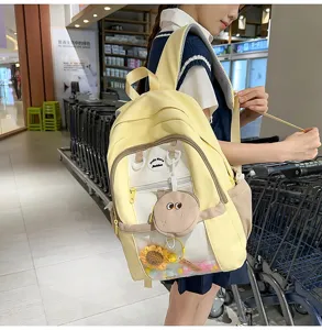 Japanese style cute ita backpack with transparent clear pocket, stylish casual daypack for girls.
