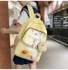 Detailed view of the cute Japanese style ita backpack with transparent front pocket and charms.