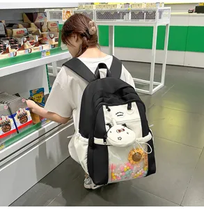 Japanese style black white pain backpack women cute transparent pocket school bag for students