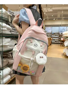 Japanese style cute pink ita backpack with clear front pocket, kawaii school bag for daily use.