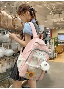 Japanese style pink ita backpack with clear front pocket, cute sunflower and cartoon pouch for daily.