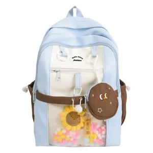 Japanese Style Transparent Pain Layer Casual Backpack Student School Bag Women Nylon Daypack With Cute Pendant