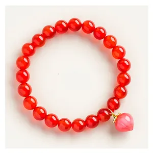 Natural red agate bead single-circle bracelet with cute peach pendant for women fashion.