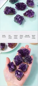 Natural amethyst crystal cluster raw stone detail close-up and hand display specimen