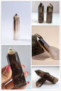 Dettaglio bacchetta di cristallo di quarzo affumicato, torre minerale con sfaccettature.