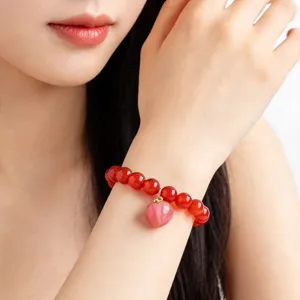 Natural Red Agate Round Beaded Bracelet With Pink Peach Heart Dangle Charm Handmade Stone Beads Elastic Bracelet Jewelry Gift For Women