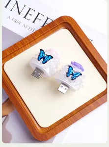 Kristal bloem nachtlampje met blauwe vlinder USB sfeerlamp detail tafeldecoratie