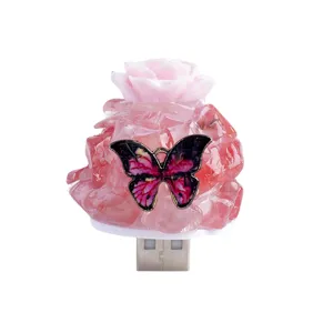 USB kristal grint nachtlampje met roze roos en vlinderdecoratie voor slaapkamer