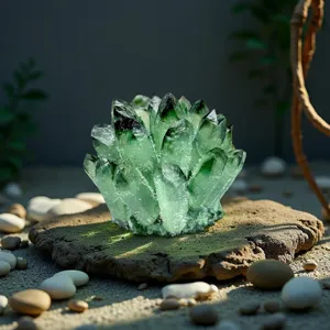 Detailansicht der natürlichen grünen Kristall-Cluster-Dekoration mit ihrer feinen Mineralstruktur.