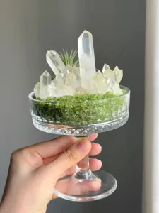 Natürliches Kristall-Cluster-Ornament mit grünen Peridot-Steinen und Luftpflanze im Glasbecher.