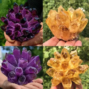 Natürliche Amethyst Kristallcluster Mineralprobe Heilstein Haus Büro Dekor Mit Holzsockel Lila Gelb Weiß Quarz Geode Ornament