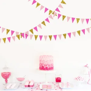 Pink and gold glitter triangle bunting flags banner for birthday party decoration