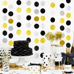 Graduation Party Hanging Garland Black Gold Silver Circular Paper Dots Streamer Backdrop Celebration Event Decor