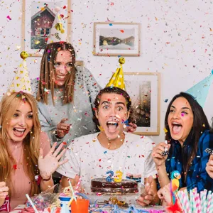 Colorful party birthday hats and celebration party decorations for kids and adults events.