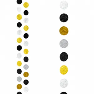 Close-up detail of black gold and silver round paper garland, perfect for party decor.