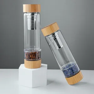 Natural Crystal Stone Infused Glass Water Bottle With Bamboo Lid Stainless Steel Tea Infuser Gemstone Energy Drinkware