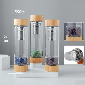 Crystal glass water bottle with bamboo lid, stainless steel infuser and healing stones.