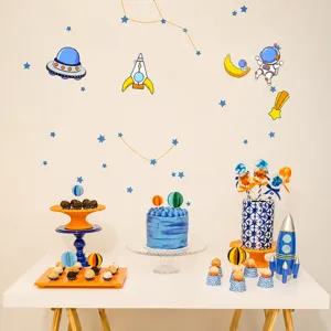 Space theme birthday party decoration banner set with astronaut and rocket hanging flags for kids.
