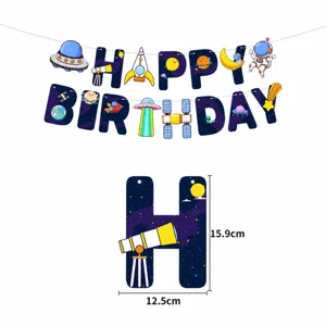 Cute space astronaut happy birthday banner with rocket and planet designs for party decor