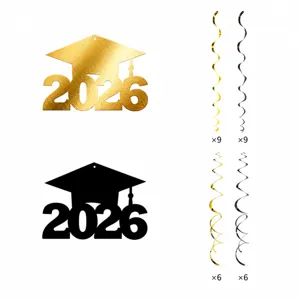 2026 graduation cap hanging swirl decorations gold and black party ceiling decor set