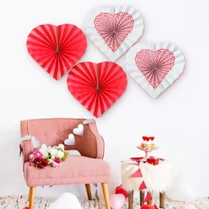 Valentine's Day heart-shaped paper folding fan decorations 4-piece set for party