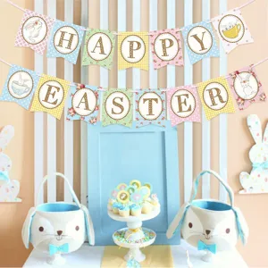 Scène de bannière décorative de fête de Pâques avec des thèmes de lapin et des détails festifs.