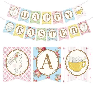 Détail bannière guirlande lapin de Pâques gros plan, drapeau floral fête décoration.