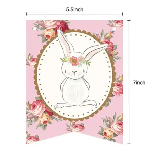 Bannière queue d'aronde lapin de Pâques déco fête guirlande florale rose 5.5x7 pouces