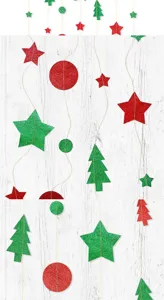 Christmas glitter paper garland hanging decoration with red green stars and trees for holiday party.