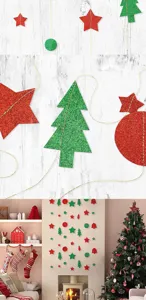 Glitter paper star and tree hanging garland details shown for festive holiday party decor setup.