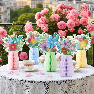 Easter party honeycomb paper vase table centerpiece set with colorful floral cards for spring decor.