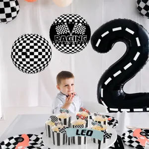 Detail shot of racing theme party decoration, black and white checkered hanging paper lantern.