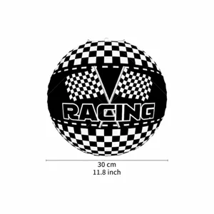 Racing theme paper lantern with black and white checkered flags for kids birthday party decor.