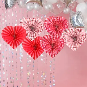 Red heart paper fan decorations for Valentine's day wedding party backdrop hanging decor