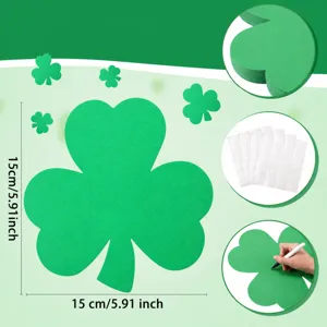 St. Patrick's Day green clover paper cutout size and detail display chart for party decoration.