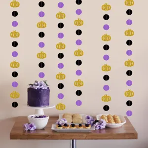 Halloween paper garland glitter pumpkin purple black dots party hanging backdrop decoration