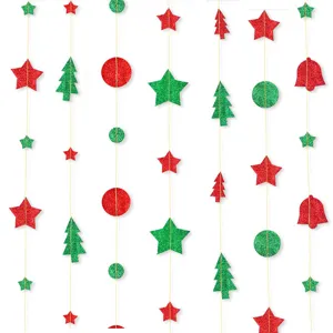 Christmas hanging decorations glitter paper garland star tree party supplies red green