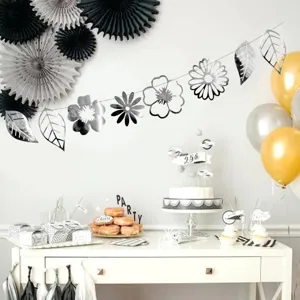 Silver hollow flower leaf banner string for wedding birthday party decor hanging ornament