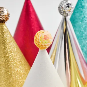 Glitter sequin ball party hat detail, colorful cone celebration cap for kids and adults birthday