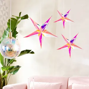 Ornement Suspendu en Étoile à Cinq Branches Irisée Étoile Holographique Hologramme pour Noël Mariage Fête Nouvel An Anniversaire Accessoires Photo Décoration