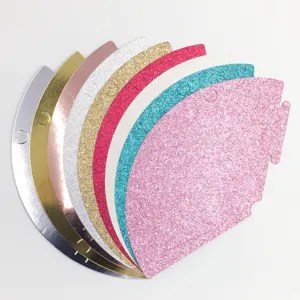 Colorful glitter party hat components detail view, assorted sequin birthday pieces.