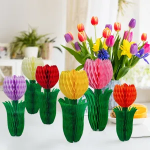 Paper honeycomb tulip decorations for spring party, Easter table centerpiece and home decor.