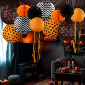 Décoration de fête d'Halloween citrouille lampions en papier boules alvéolées éventails