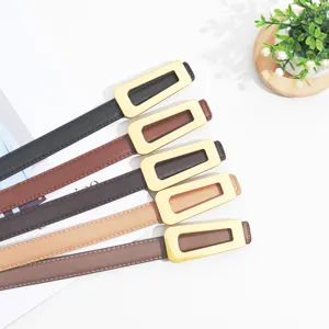 Women Genuine Leather Skinny Belt Retro Metal Geometric Buckle Waist Belt Casual Jeans Pants Dress Belt Fashion Accessory